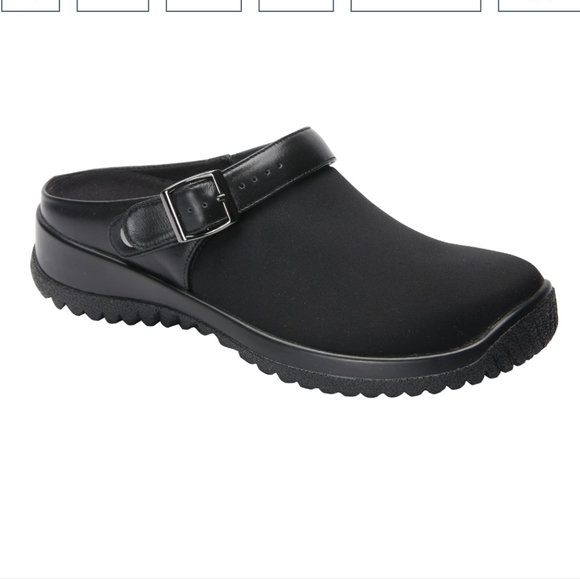 Drew Savannah Black Leather / Black Stretch Convertible Strap Clog - Size 10 WW - Picture 1 of 14